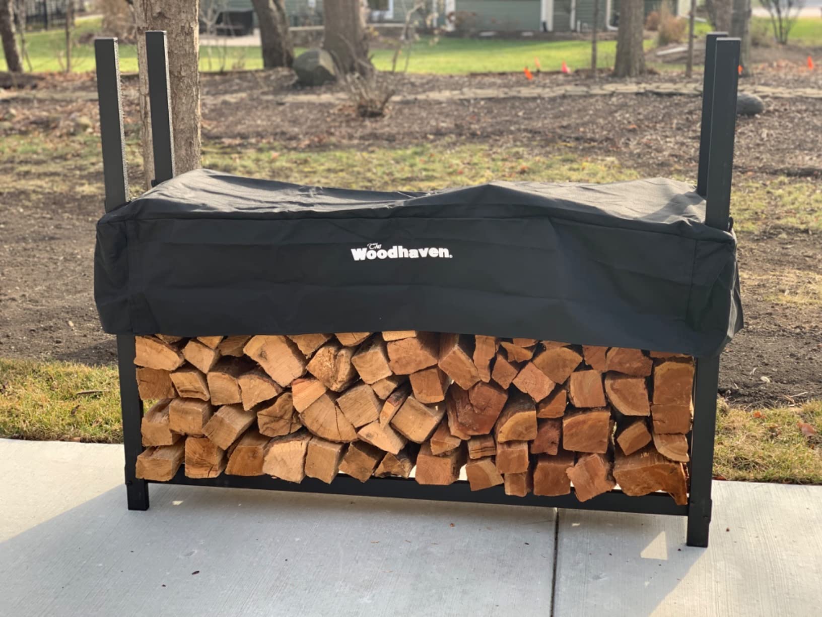 Woodhaven Black 4 Foot - Heavy Duty Made In USA - Indoor Outdoor - 1/4 Cord Firewood Storage Log Rack With Seasoning Cover Combo Set - Metal Log Storage - 48