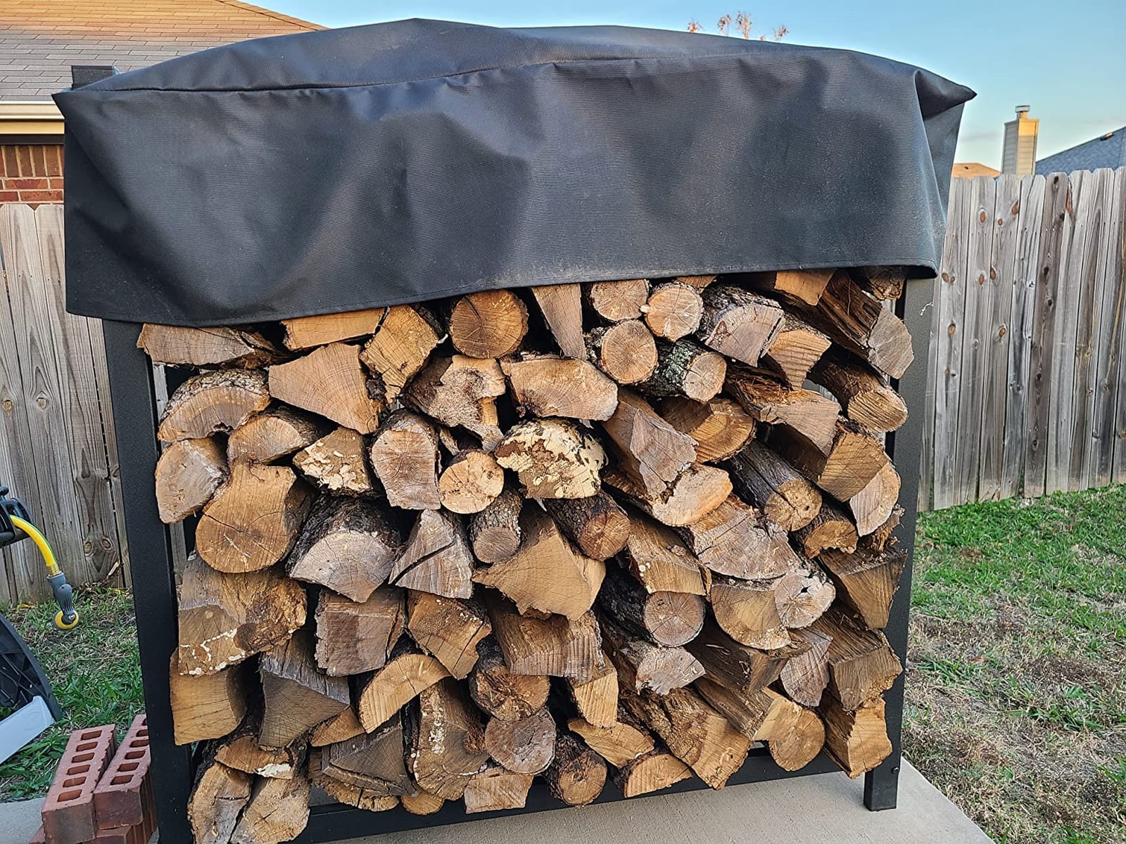 Woodhaven Black 4 Foot - Heavy Duty Made In USA - Indoor Outdoor - 1/4 Cord Firewood Storage Log Rack With Seasoning Cover Combo Set - Metal Log Storage - 48