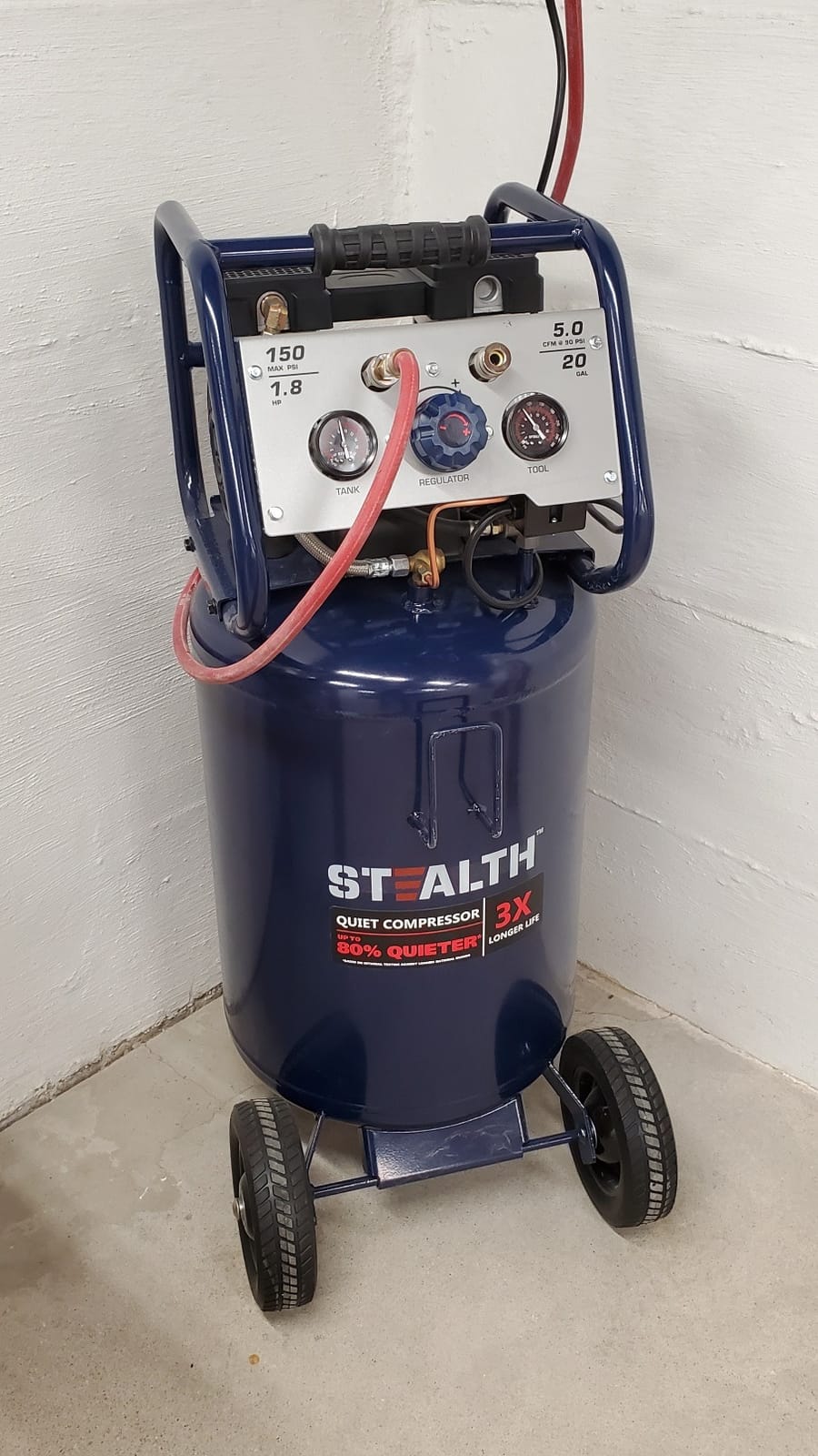 Stealth 20 Gallon Ultra Quiet Air Compressor, 1.8 HP Oil-Free Peak 150 PSI 68 Decibel, 5.5 CFM @ 40 PSI 5 CFM @ 90 PSI Silent Long Life Electric Air Compressor W/Wheel for Garage customer photo 2