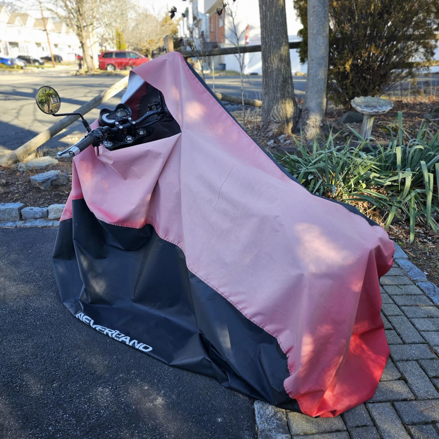 NEVERLAND Motorcycle Cover Waterproof Outdoor Heavy Duty with 2 Lock-Holes | All Season Scooter Cover Rain UV Protection, 2 Windproof Straps, Storage Bag Fits Most Motorcycles, Dirt Bikes (Up to 116