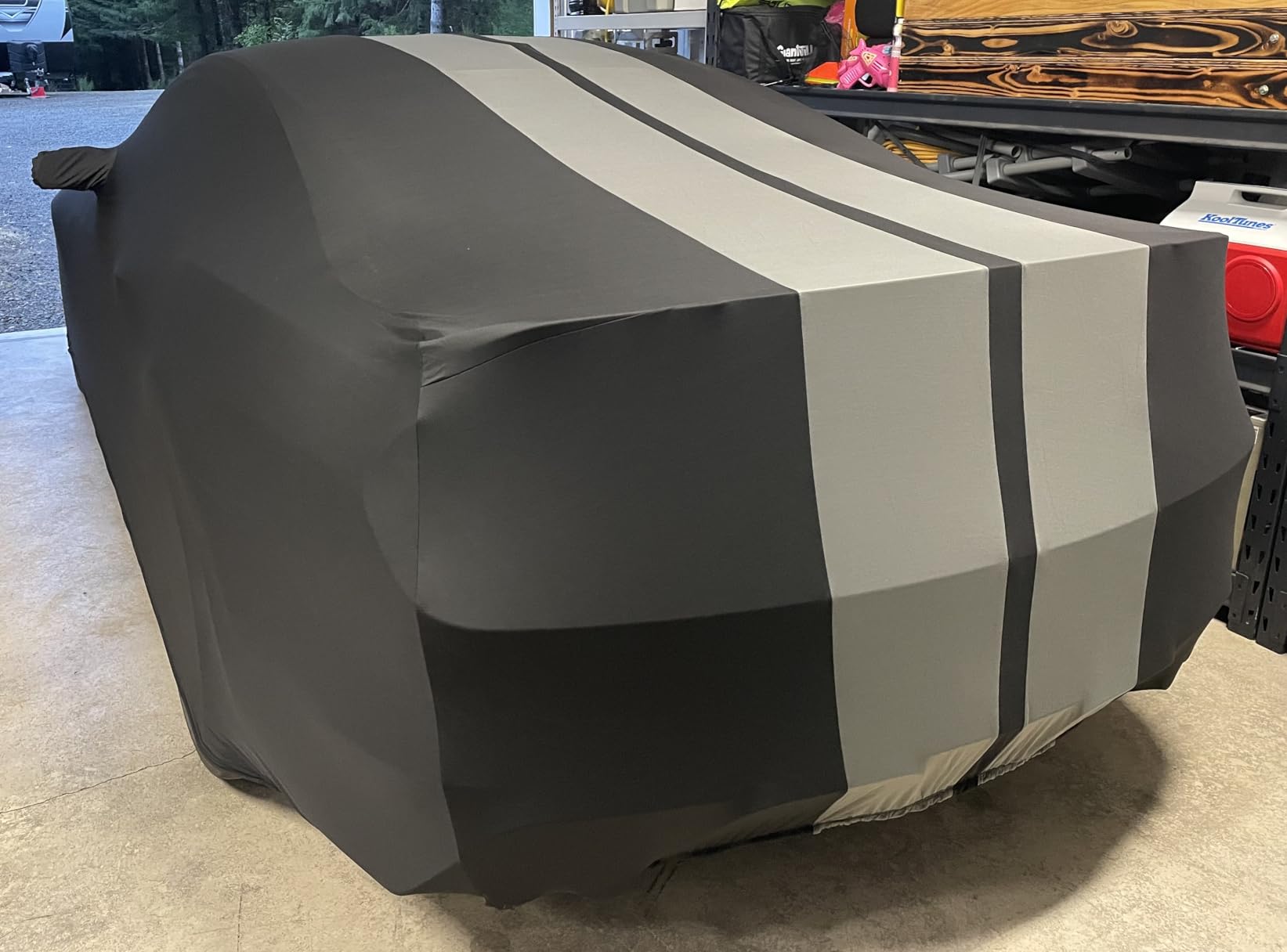 SR1 Performance USA Mustang Indoor Car Cover 2005 to 2024 - Ultraguard Stretch Satin Custom Fit, Dust Cover, Breathable Scratch-Resistant Sport Series Stripe (Black/Gray) customer photo 1