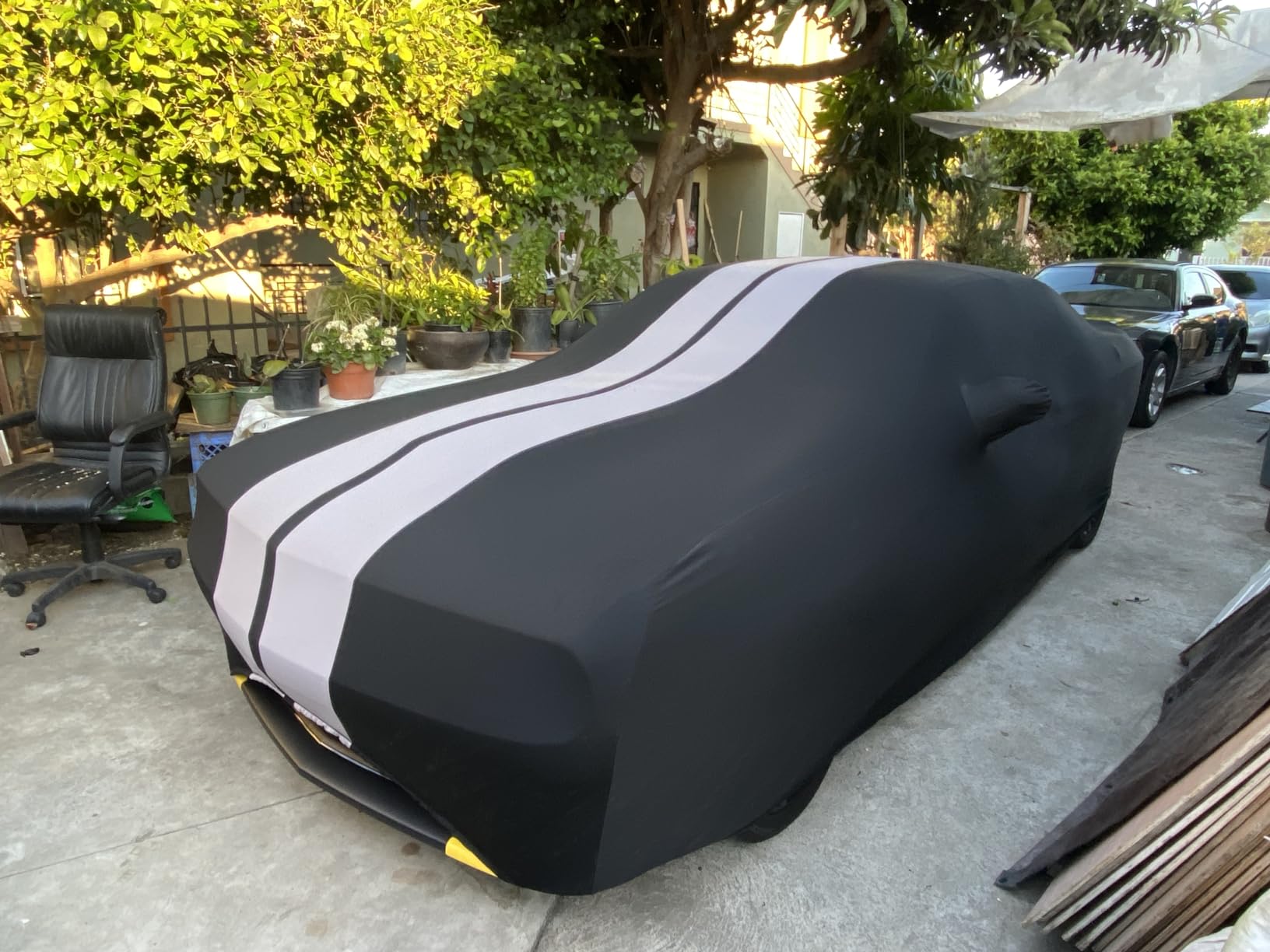 SR1 Performance USA Mustang Indoor Car Cover 2005 to 2024 - Ultraguard Stretch Satin Custom Fit, Dust Cover, Breathable Scratch-Resistant Sport Series Stripe (Black/Gray) customer photo 2