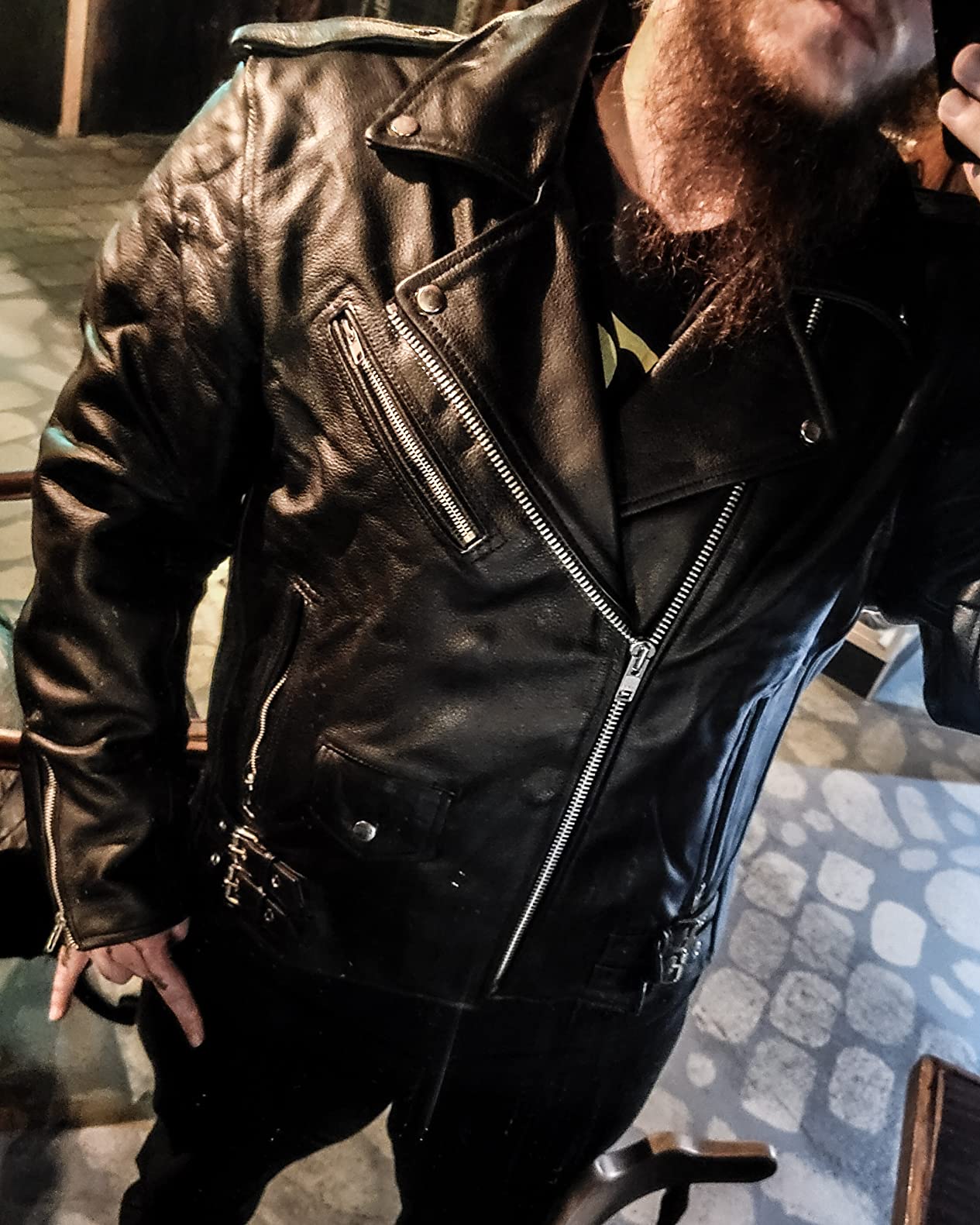HWK Brando Leather Motorcycle Jacket for Men, Genuine Black Leather Jacket with Removable CE Armor for Motorbike Riding customer photo 1