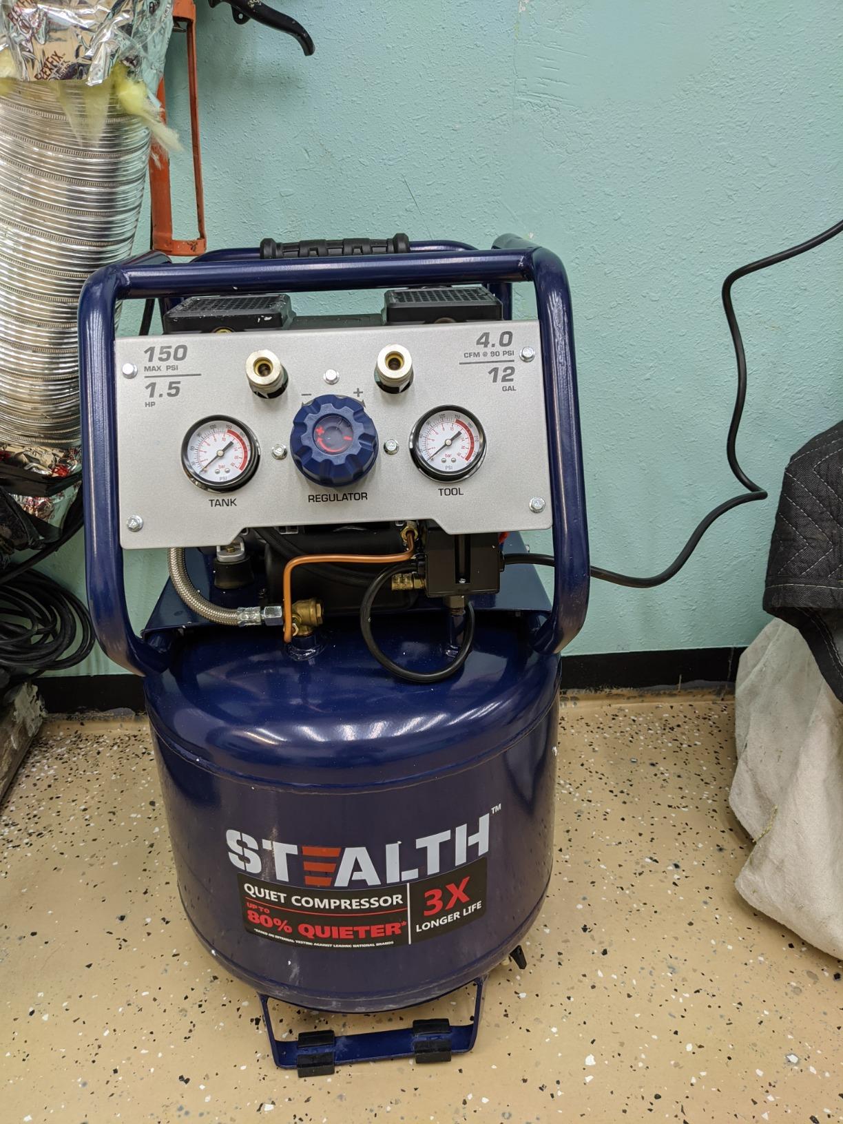 Stealth 12 Gallon Ultra Quiet Air Compressor, 1.5 Horsepower Oil Free Max 150 PSI, 68 Decibel Air Pump, 4 CFM @ 90 PSI, Long Life Electric Air Compressor for Garage, Workshop, Jobsite Blue customer photo 1