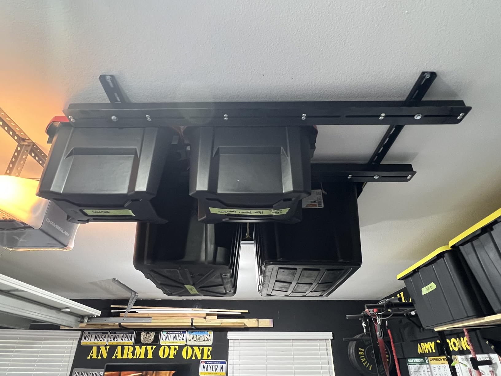 TORACK Garage Ceiling Bin Storage Rack, Overhead Tote Storage Rail System | Heavy Duty, Adjustable, Tote Slide Rails, Garage Bins Storage, Holds 4 27-Gallon Totes, White, Bins are not included customer photo 2