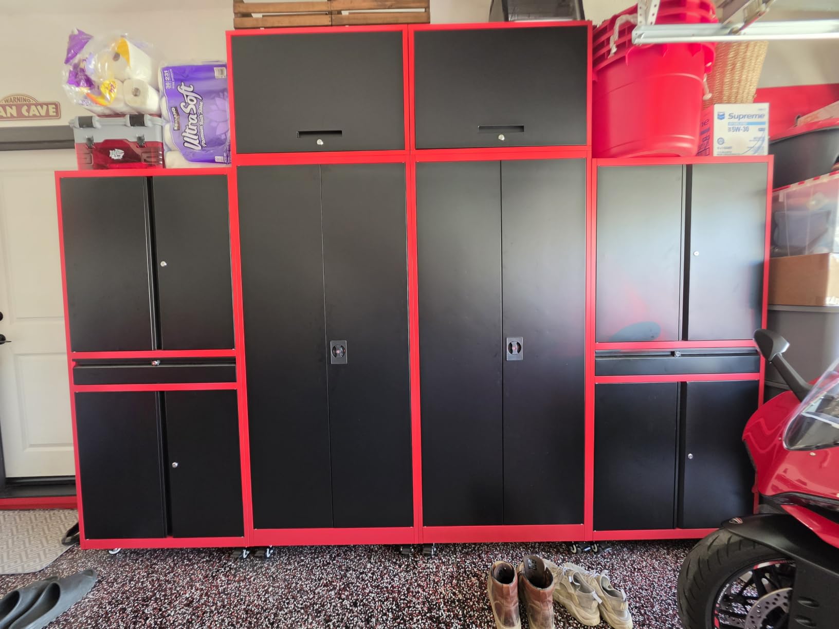 SISESOL Metal Storage Cabinet with Wheels and Drawer,Rolling Garage Storage Cabinet with Lock,Black Red Metal Cabinets with Wheel,73