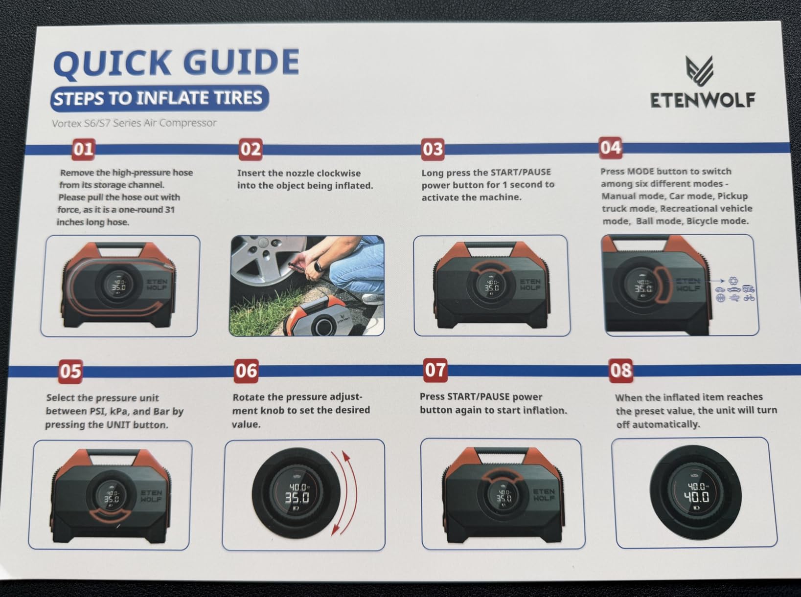 ETENWOLF VORTEX S6 Tire Inflator Portable Air Compressor, Cordless Air Pump | with 19200mAh for Heavy duty Vehicle, Car & Inflatables, 100% Duty Cycle & Dual Cylinder, Bike Pump with LED Backlight, Red customer photo 2