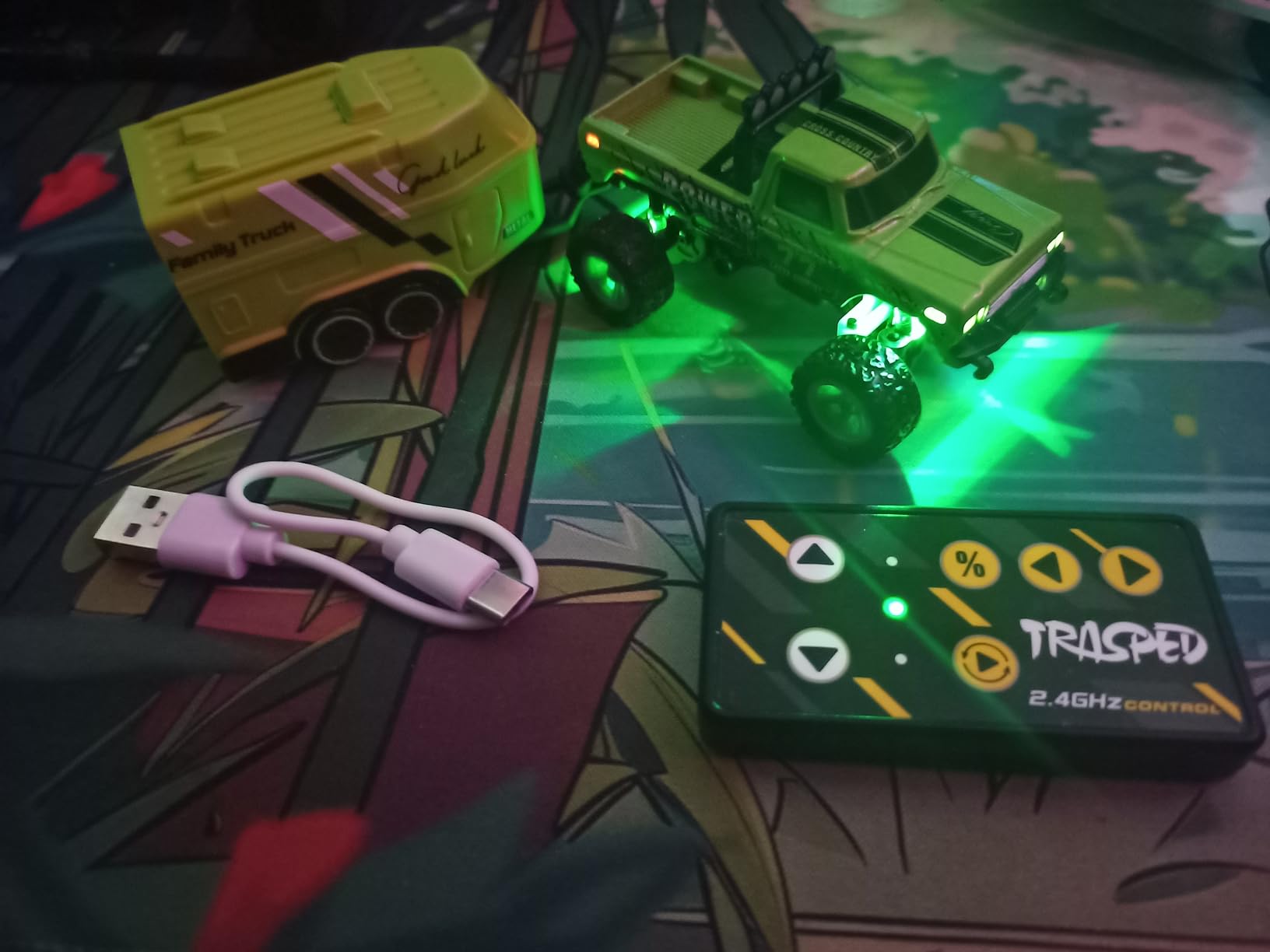1:64 Scale Mini Remote Control Monster Truck with Trailer | 2.4GHz & App Dual Control, Alloy Mini RC Car with LED Lights, Portable Pocket Toy Car for Kids & Adults, Gift for Boys (Green) customer photo 2