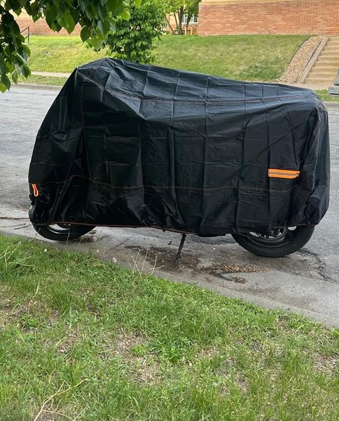 Enzeno Motorcycle Cover Waterproof Motorcycle Rain Tarp Outdoor Storage | Windproof Motorcycle Tarp All Weather Rain UV Protection with Lock-Holes Night Reflective Strips Fits up to 96.5