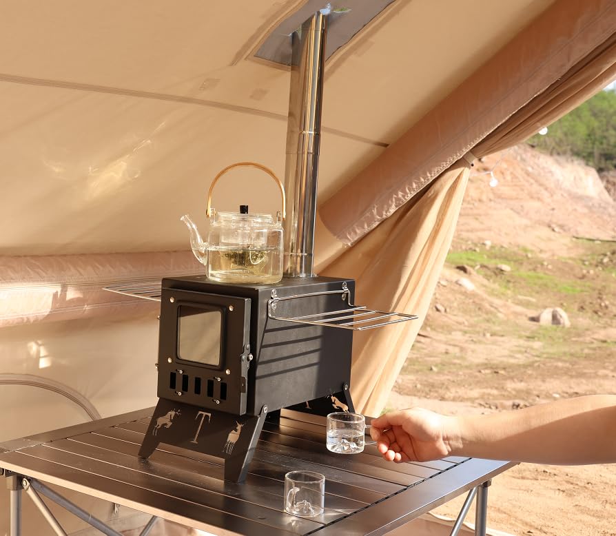 Camping Stove, Portable Camping Wood Stove for Tent with 5-Piece Chimney | Camping Heater with Glass Window, Adjustable Damper, Folding Legs & Side Racks for Outdoor Cooking & Winter Base Camps customer photo 2